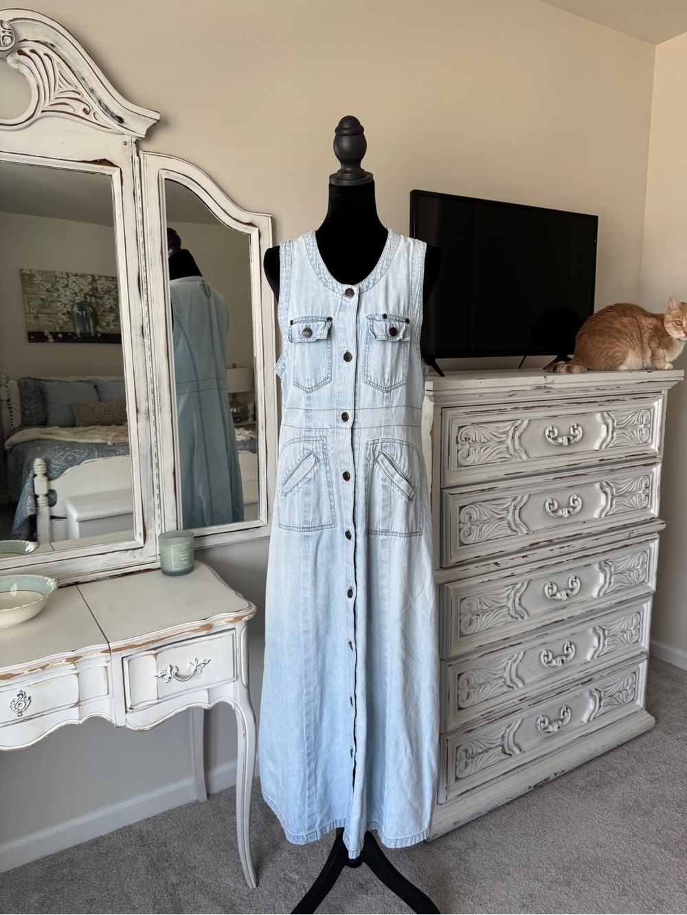 Vintage 90s Light Wash Denim Button-Front Maxi Dress